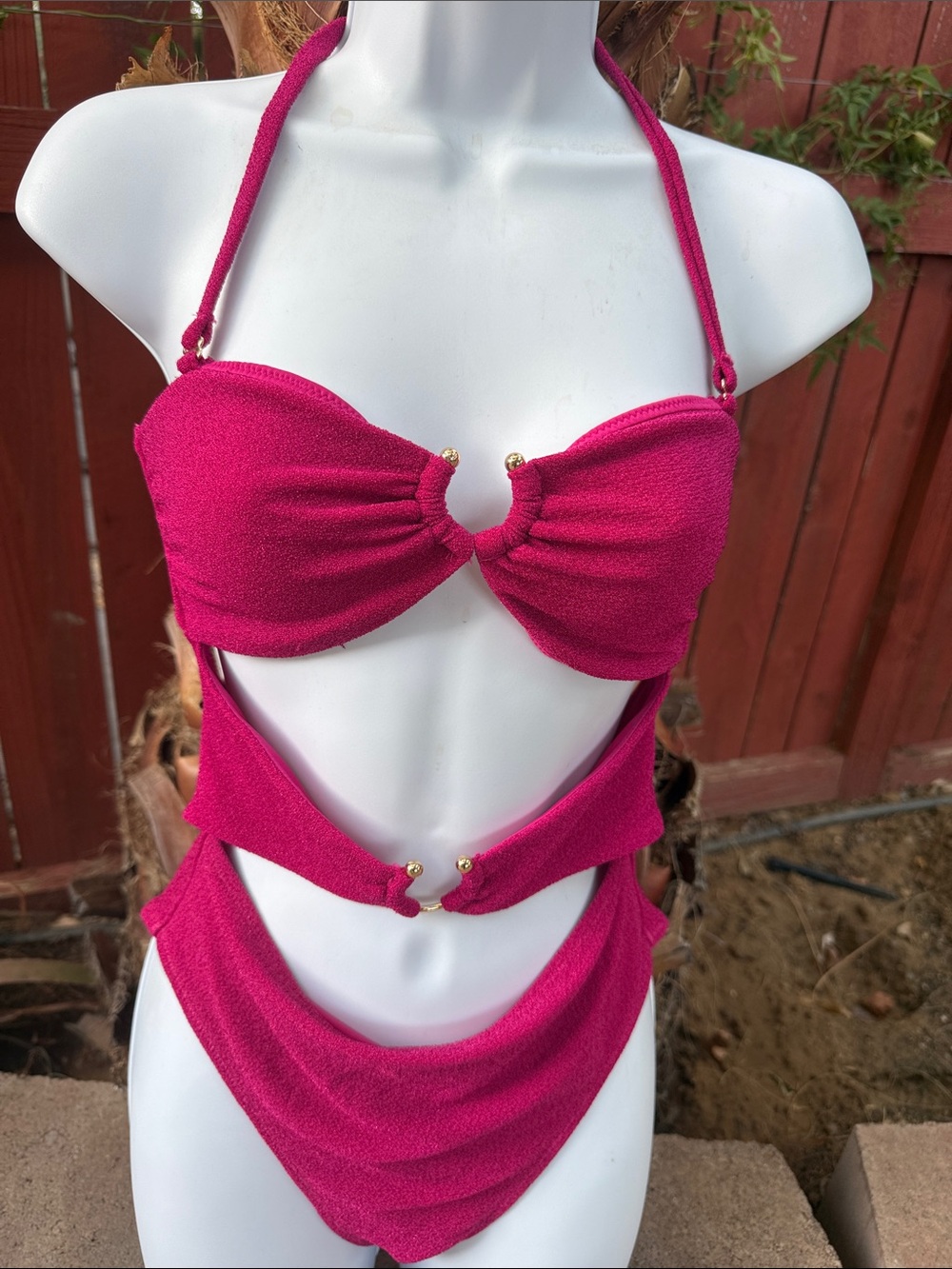Victoria's Secret Hot Pink Shimmer Cutout One-Piece Swimsuit with Gold Rings